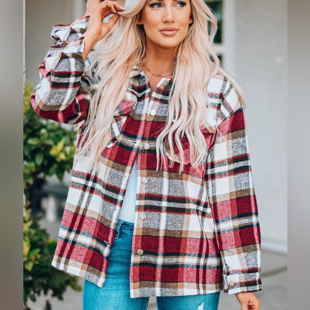 PLAID BUTTON FRONT SHIRT JACKET BREAST POCKET